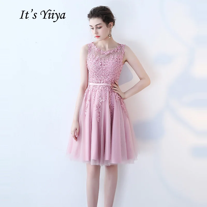 To je YiiYa Cocktail Obleka Malo Appliques Beading Pink Poroka Formalnih Obleke, Rože Iluzijo Koleno Dolžina Stranka Obleke LX073-2