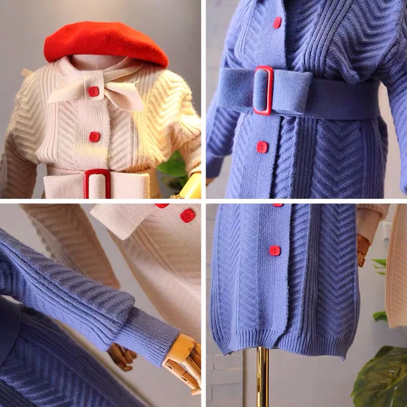 Pomlad Jesen dekleta dolgo Baby jopica pleteno obleko otroci odpirač oblačila Otrok pletenine lok vezna sponka pasu 4 do 12 let