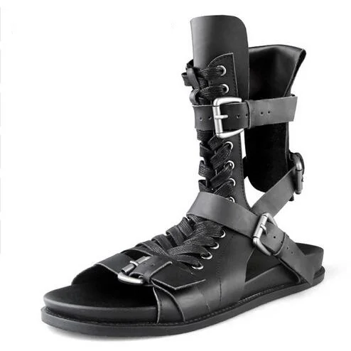 Visoka Kakovost Moških Rim Sandali Črne Čevlje Gladiator Sandali Z Visoko-Top Pravega Usnja Natikači Strani Poletni Moški Sandali