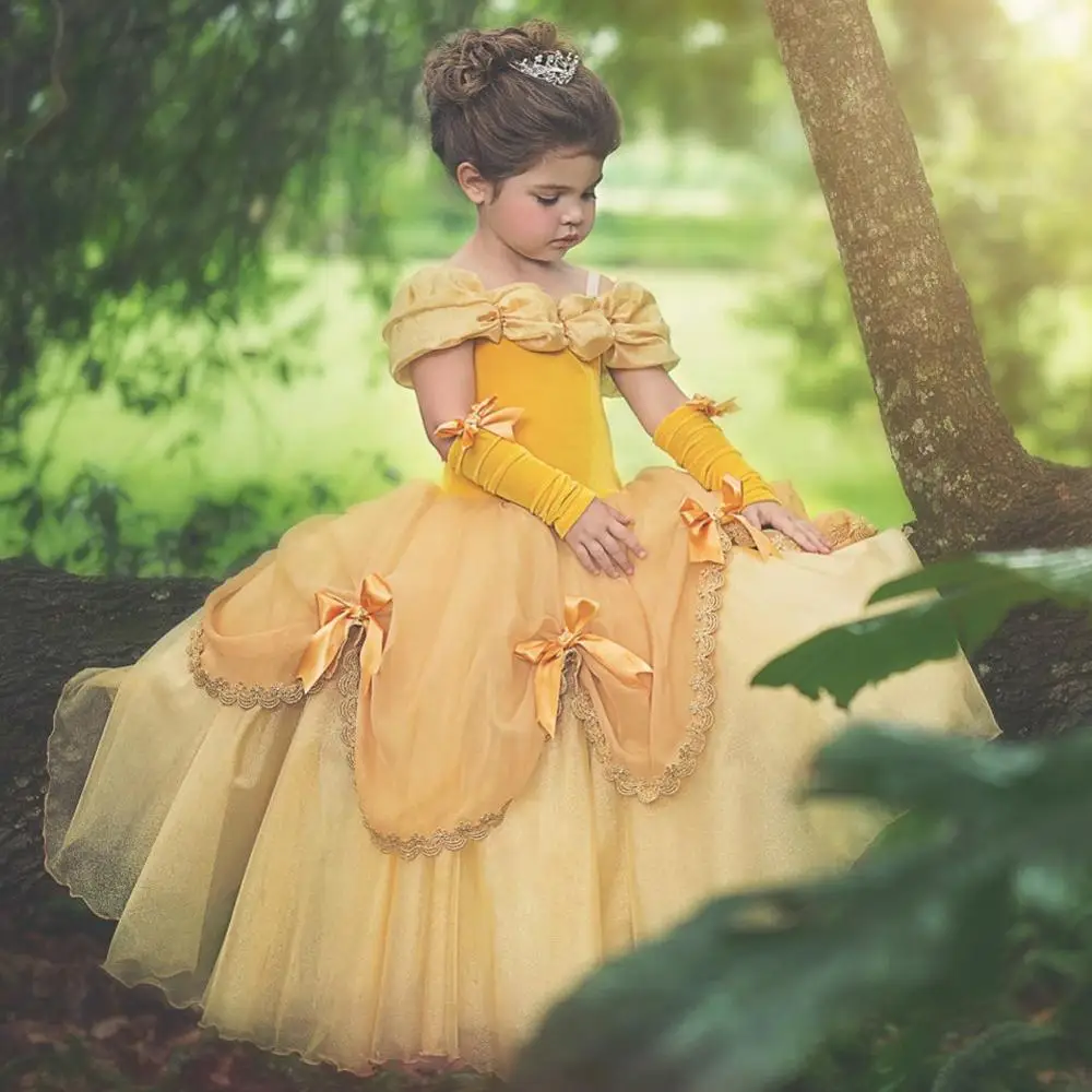 Princesa Obleko Otroci Obleke Za Dekleta Prikrivanje Kostume Rumena Fancy Obleke Pravljice Lepoto Halloween Party Vestidos