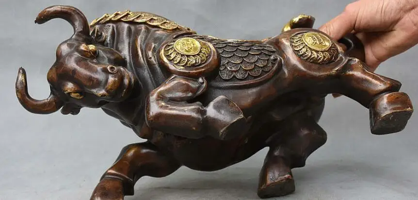 14 Kitajska FengShui Pozlačenega Brona, Bogastvo Cai Kovanec Močno Zodiak Taurus Ox Stojalo Kip