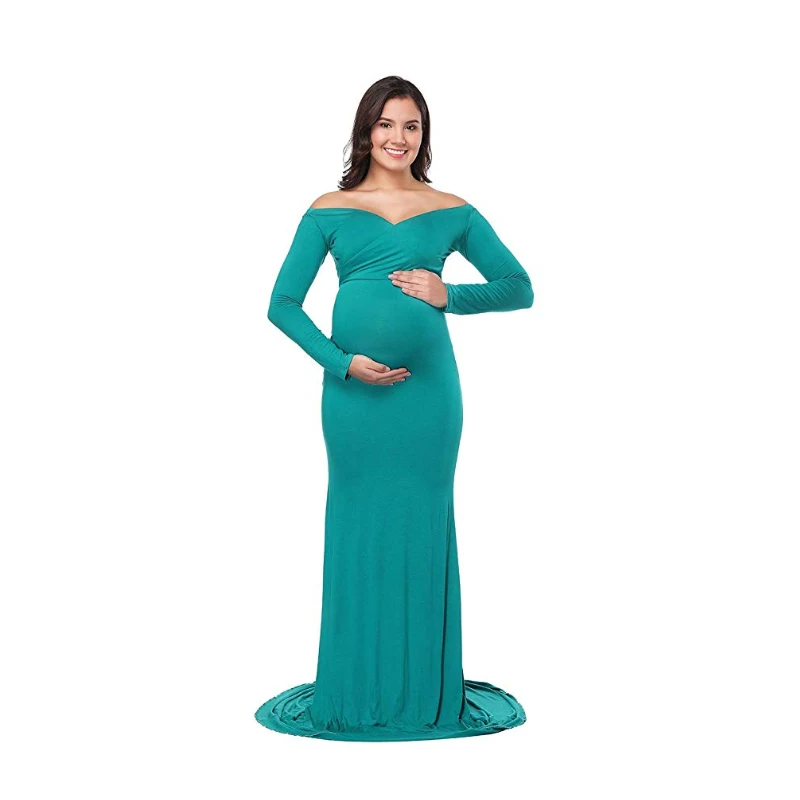 Sodi Porodniški Elegantno Opremljena Obleke noseča fotografijo ustrelil oblačila z Dolgimi Rokavi V Vratu Ruched Slim Fit Maxi noseča dolgo obleko D20