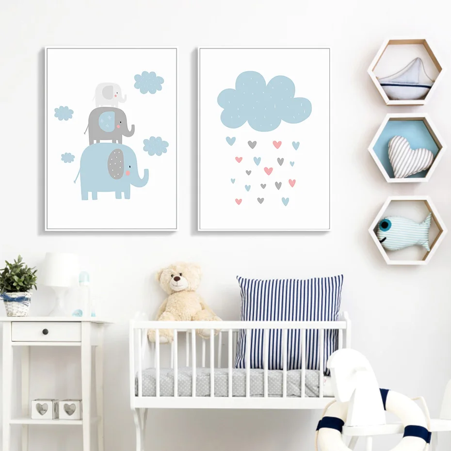 Modri Slon v Oblaku, Osebno Otroka Ime po Meri Plakat Vrtec Wall Art Platno Barvanje Slike Za Otrok Spalnica Dekoracijo