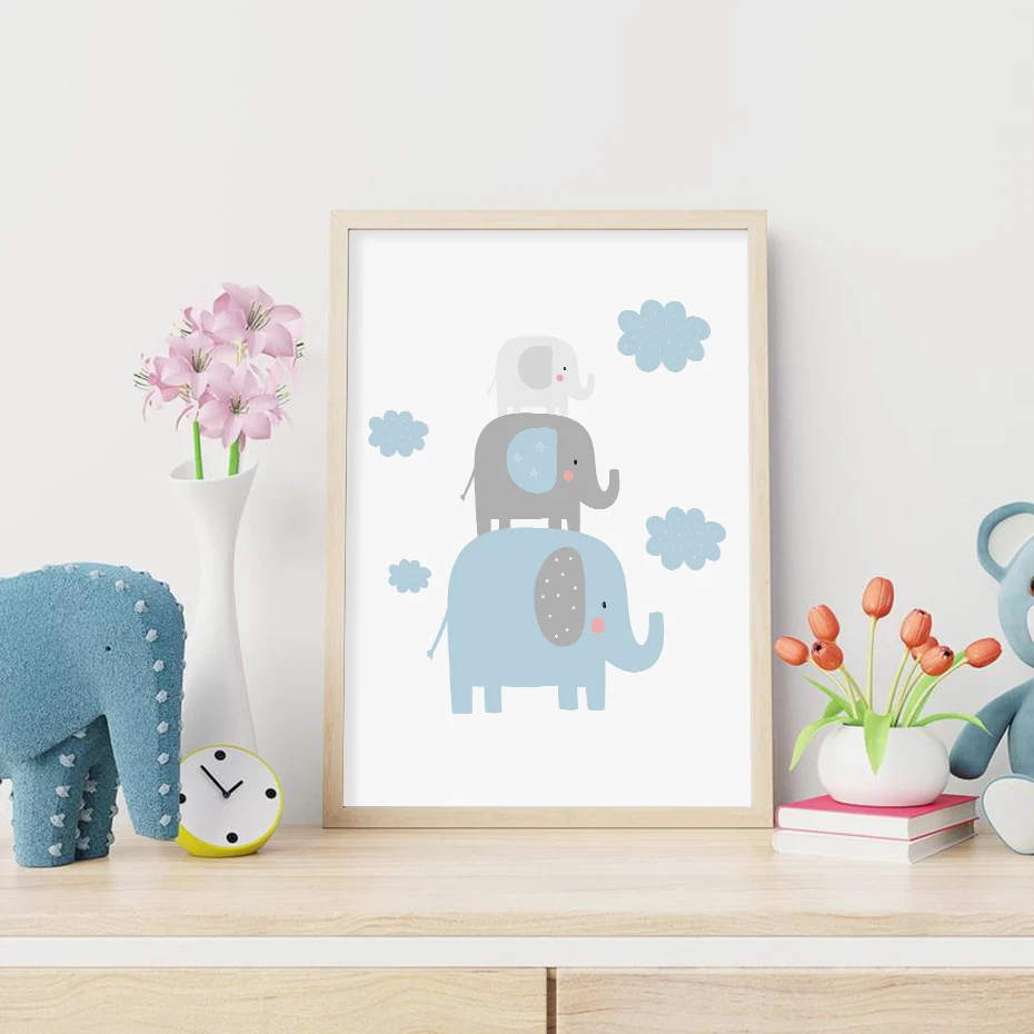 Modri Slon v Oblaku, Osebno Otroka Ime po Meri Plakat Vrtec Wall Art Platno Barvanje Slike Za Otrok Spalnica Dekoracijo