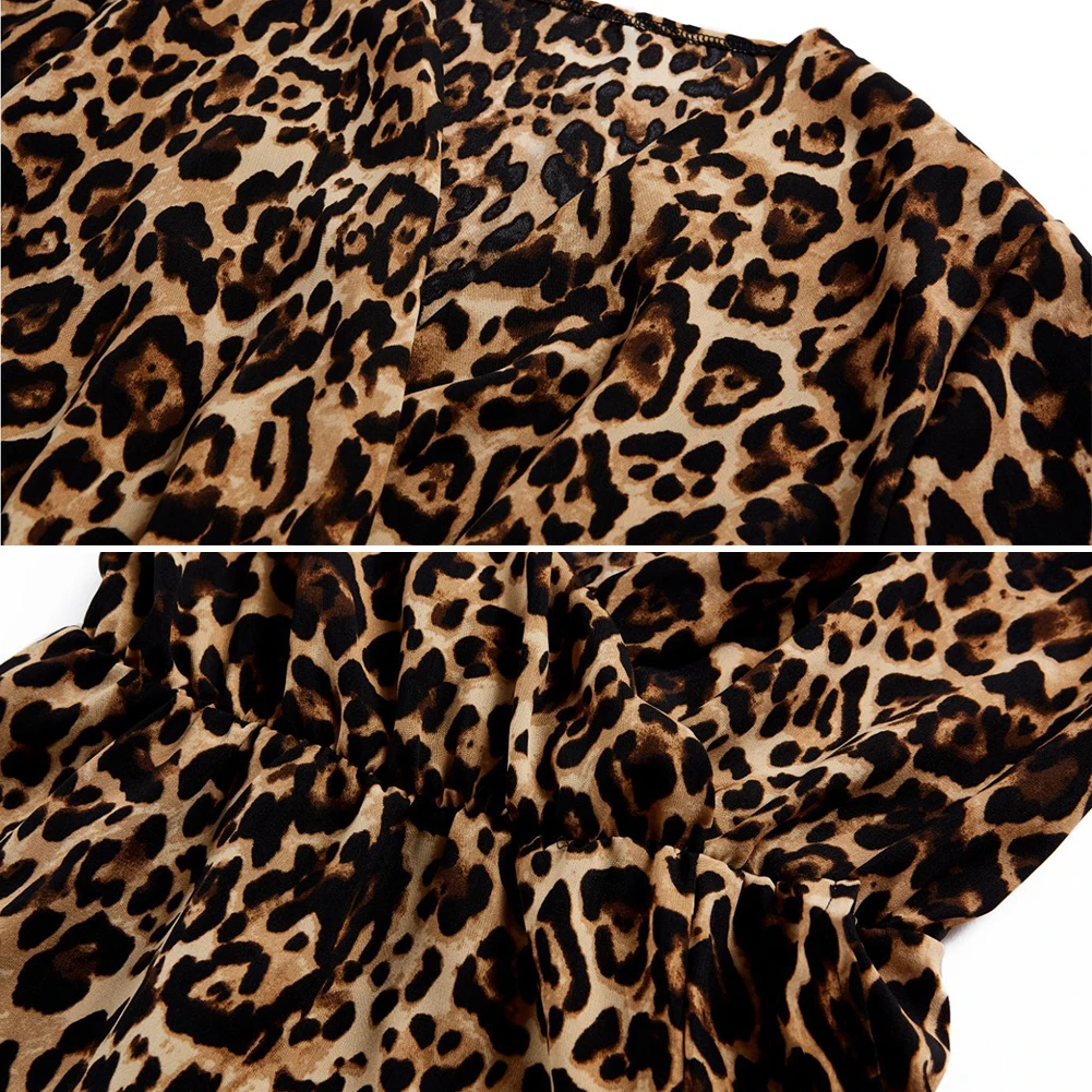 SANWOOD Poletje Jesen Seksi Žensk Plus Velikost Obleko V Vratu Leopard Tiskanja Elastični Pas, Dolg Rokav Rogov Robom Mini Obleka
