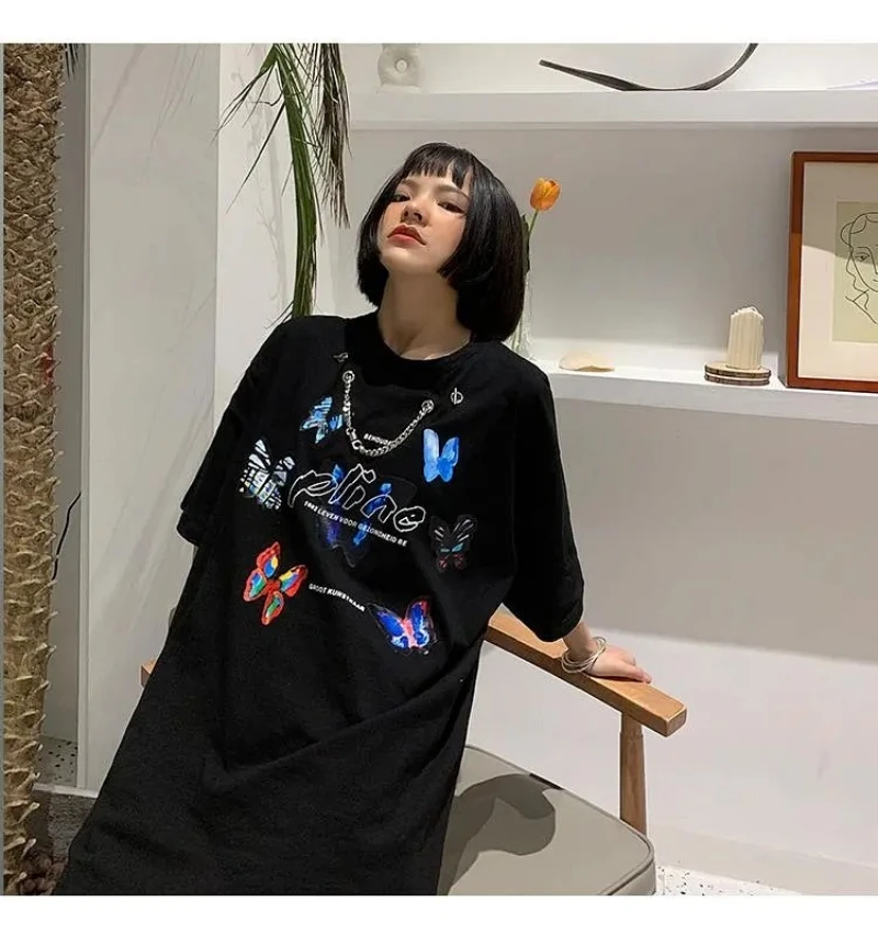 NiceMix T-majice ženske poletje 2020 nove verige vrhu nekaj ins metulja print Harajuku slog svoboden kratkimi rokavi tshirt ženske