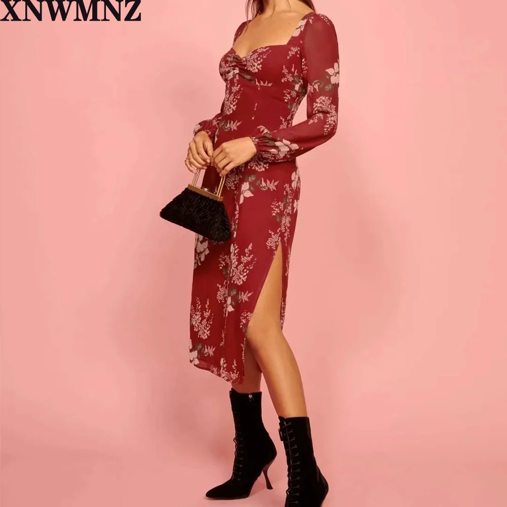Za Vintage Dolg Rokav Rdeča stranka obleko Elegantna Cvjetnim Tiskanja Split vestidos Moda Nazaj Kravato Povoj Ženske midi Obleko Visoke kakovosti