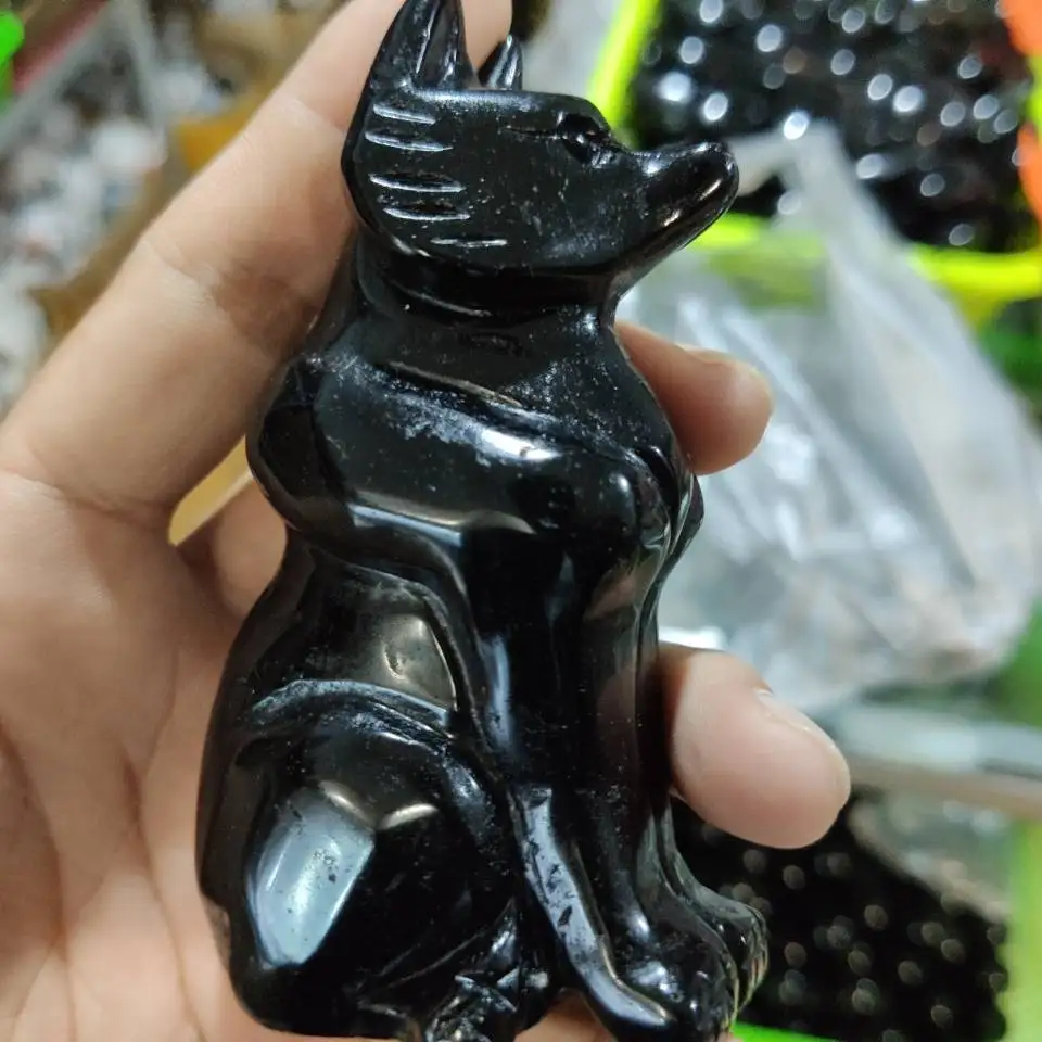 Fox Kip Naravnega Kamna Črni Obsidian, Vklesan Kristalno Healig Figur Doma Dekor