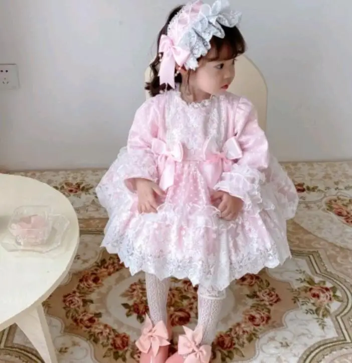Baby girl jesen zima roza španski lolita princess oblačenja za otroke lok čipke žogo, šivanje obleke rojstni dan obleko