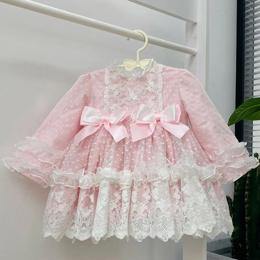 Baby girl jesen zima roza španski lolita princess oblačenja za otroke lok čipke žogo, šivanje obleke rojstni dan obleko