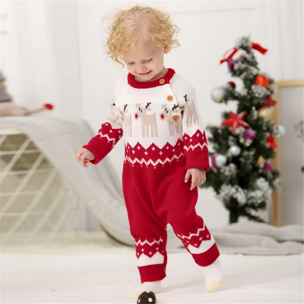 Božični Party Baby Toddler igralne obleke Obleke Pozimi, Jeseni Dojenčki Dolg Rokav Elk Vzorec Kintted Jumpsuit za Fante in Dekleta