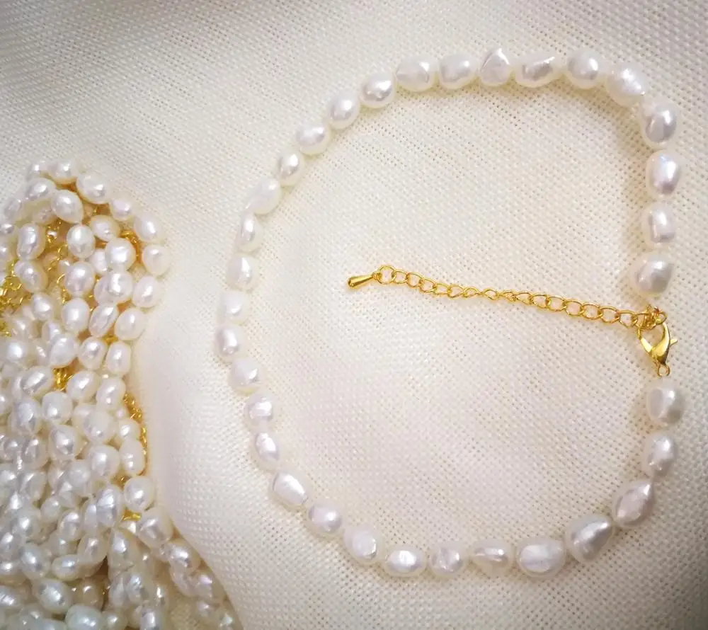35 cm + 7 cm razširiti verige choker 9x10mm beli barok biserna ogrlica, zlato zaponko Ženska Nakit pravi naravnih sladkovodnih biserov