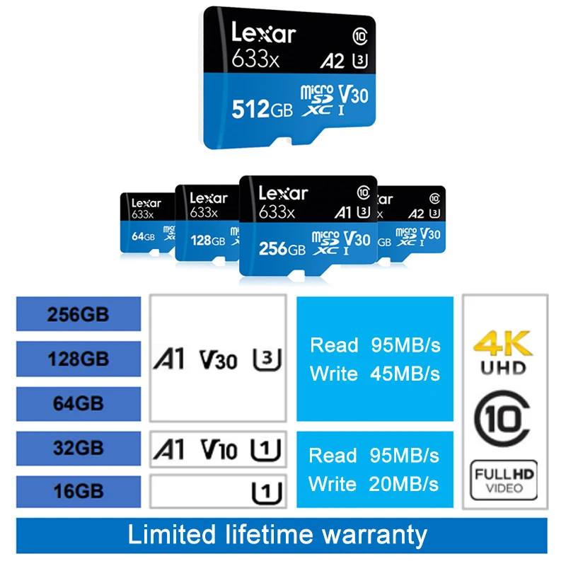 Lexar 633x micro sd 32GB 64GB 128GB 256GB SDXC/SDHC Flash Pomnilniško Kartico 512GBTF Kartico za Gopro/DJI/Nintendo/pametni stikalo