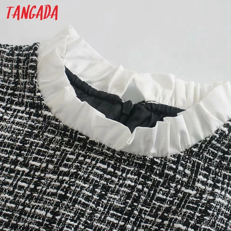 Tangada Moda za Ženske Mozaik Kariran Tweed Obleko 2020 Nov Prihod Dolg Rokav Dame Tunika Mini Obleka Vestidos 6P33