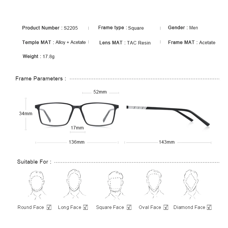 RRY JE Moški Modni Kvadratni Okvir Očal Kratkovidnost Recept Optičnih Očal Acetatni Okvir S2205