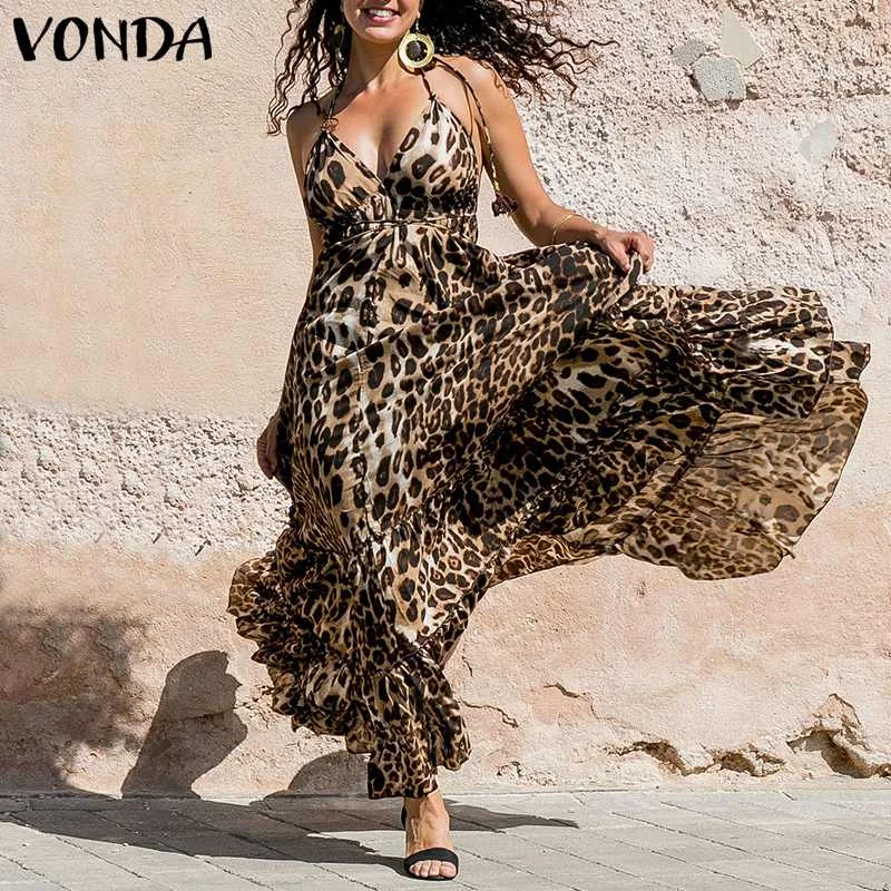 Ženske Leopard Tiskanja Obleko 2021 Poletje Seksi Špageti Trak Backless Ruffle Bing Swing Moda Stranke Obleke Plus Velikost