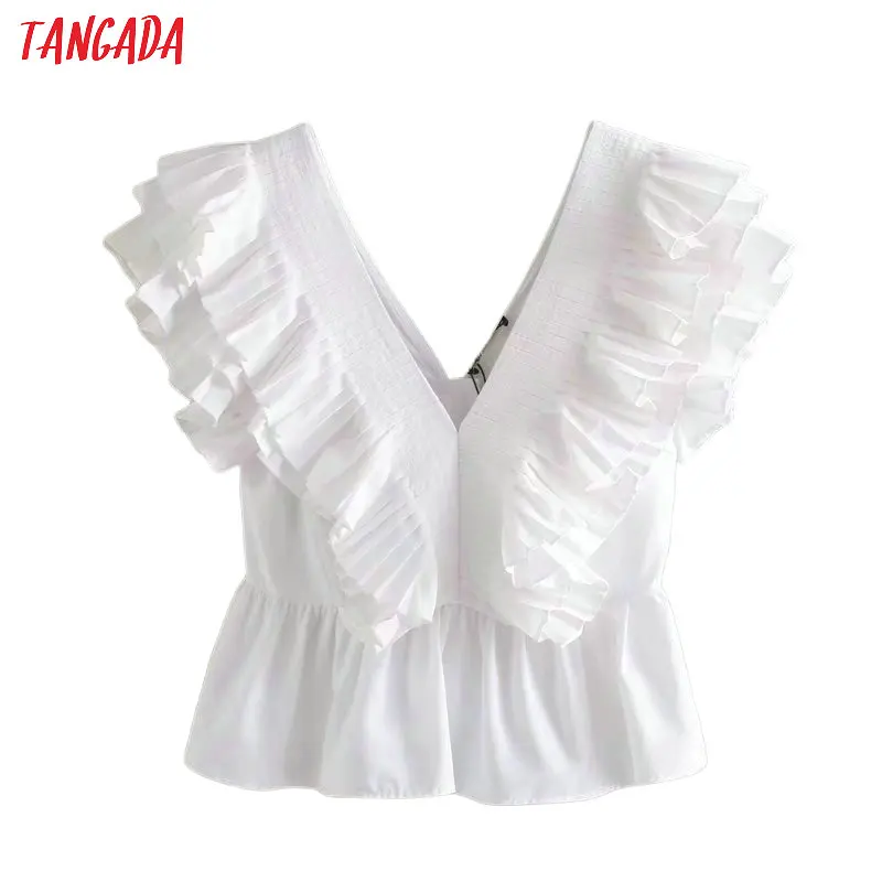 Tangada ženske seksi ruffle bele poletne majice v vratu kratek sleeve solid seksi ženska backless stranka bluze 4Q35
