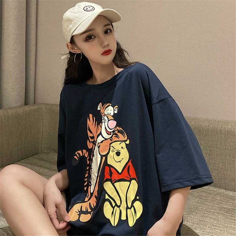 2020 Disney Risanke Bombaž Poletje Winnie The Pooh in Tigger Žensk srednjih let je T-shirt Harajuku Majica korejski Obleki Ženske Kratke