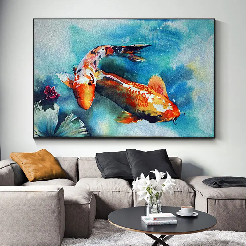Sodobni Kitajski Slog Platno Slikarstvo Srečen Ribe Slike Koi Rib Poster Živali Plakatov in Fotografij za Dekoracijo Doma Wall Art