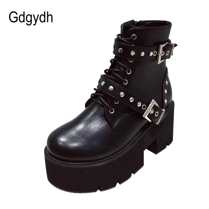 Gdgydh 2021 Jeseni Ženske Zaponke Čevlji Krog Toe Debele Platformo Sponke Kratko Škornji Ženski Škornji Gotskem Stilu Črno British