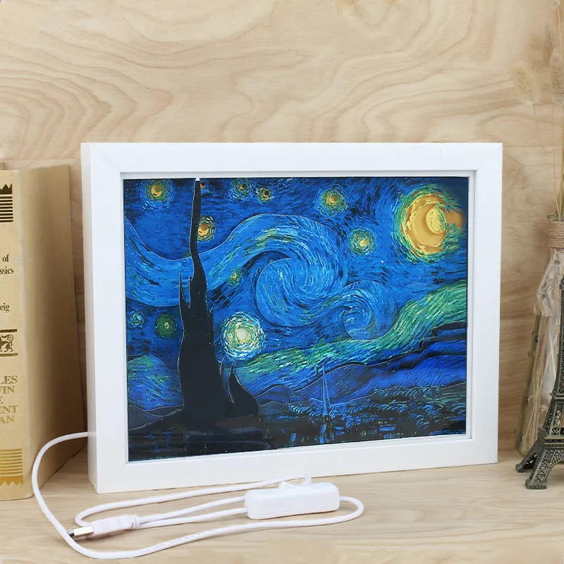 Papir Carving Lučka 3d Svetloba, Senca Van Gogh Zvezdnato Nebo Papir Carving Lučka Ustvarjalne Impresionizem v Knjigi Art Papir-cut Lučka