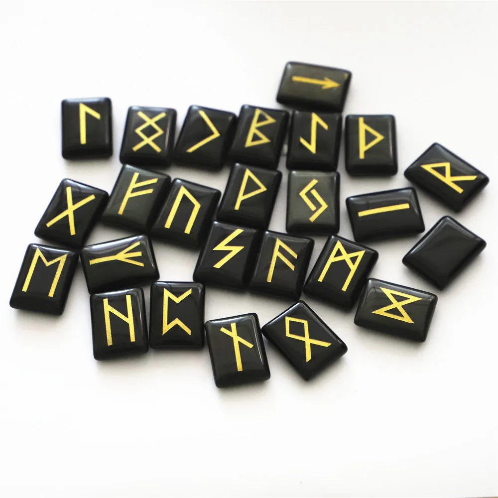 Naravni Obsidian Viking Rune Amulet Nastavite Halo Popravila Kristalno Vedeževanje Obračanje Pravokotnik Kamna