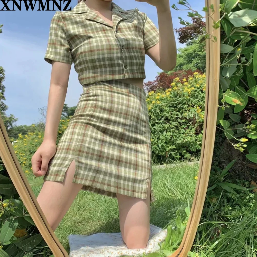 XNWMNZ Kariran Poletje bluzo ženske letnik rastlinske majica ulične kariran dame vrhovi elegantno gumb gor majico korejski obreži zgoraj 2020 za