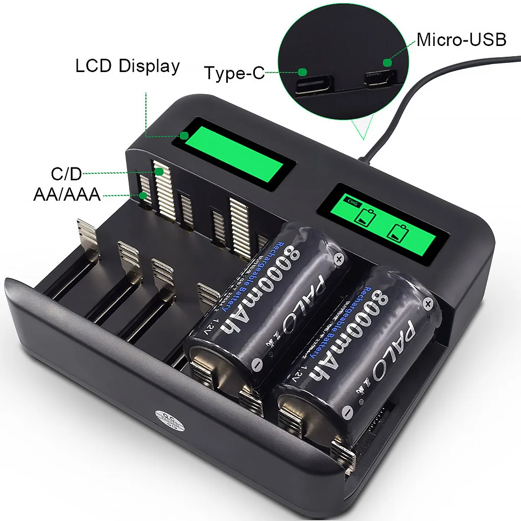 8-Reže za Baterijo, Polnilnik, USB Napajanje AA/AAA/C/D, Polnilne Baterije, Polnilnik z LCD Zaslonom
