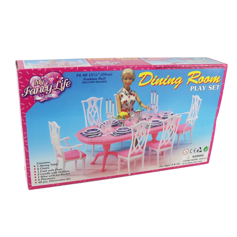 Nov Prihod Lutka Oprema Doma Pohištvo Moderna Jedilna Miza z 6 Stoli Tablewares za Barbie Otroci Božič/Darilo za Rojstni dan
