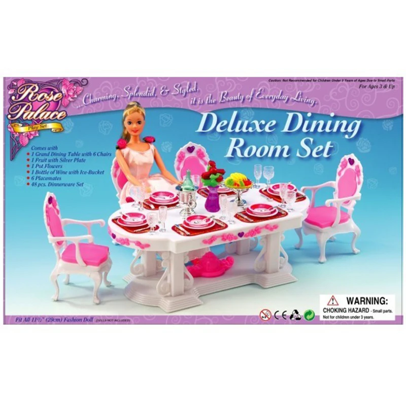 Nov Prihod Lutka Oprema Doma Pohištvo Moderna Jedilna Miza z 6 Stoli Tablewares za Barbie Otroci Božič/Darilo za Rojstni dan
