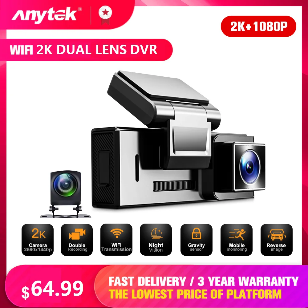 Anytek 2K 1080P Dvojno Objektiv Dashcam Avto WIFI DVR Snemalnik 3