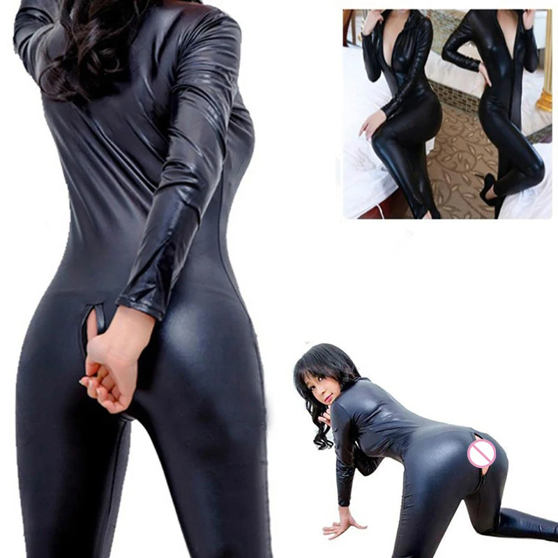 Seksi Črna Moker Videz Kača Jumpsuit Latex Nočni Klub Kostume Ženske Obleka, Usnje Patent Igra Uniforme