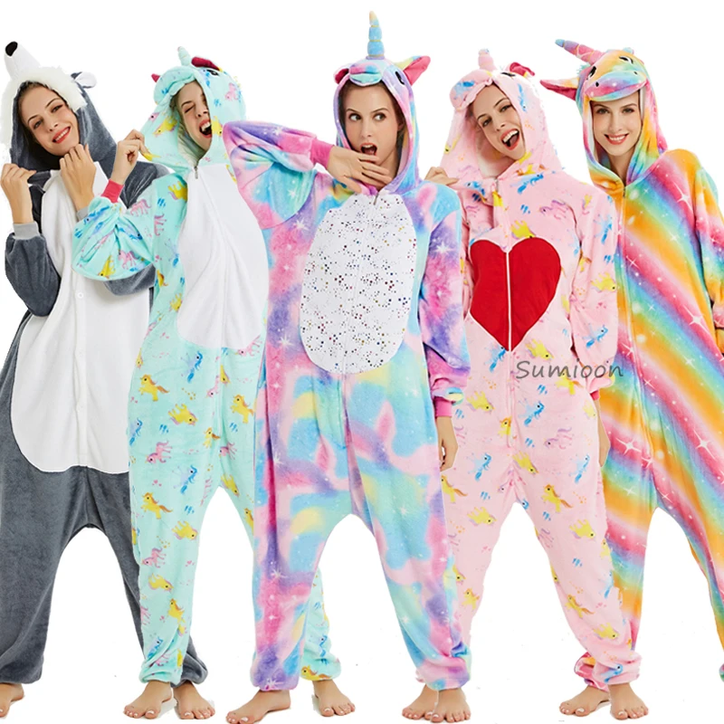 Živali Rainbow Unicorn Pižamo Odrasle Zimske Sleepwear Kigurumi Panda Šiv Licorne Pižame Ženske Onesie Anime Noša Jumpsuit