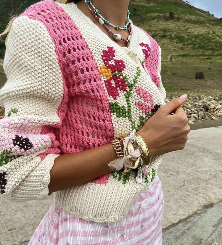 TEELYNN dolg rokav roza cvetlični vezenje, Kvačkanje puloverji ženske plašč 2020 letnik pletene Cardigan jesen topla jopica skakalec