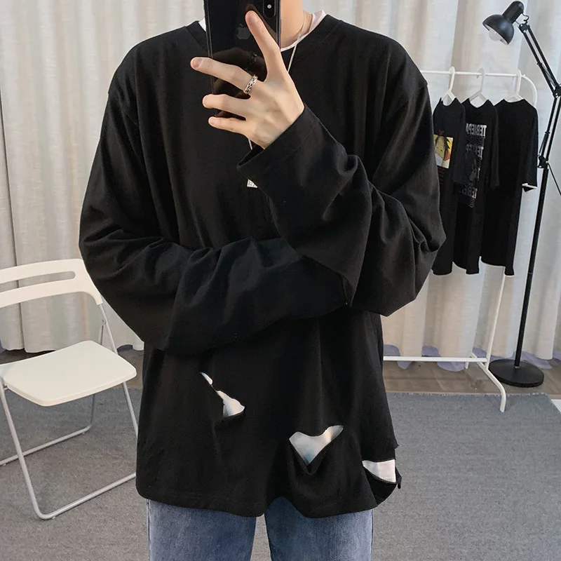 Moški Dolg Rokav T-majice Plus Velikost 3XL Luknje Trdna Elegantna Hip-hop korejskem Slogu Harajuku Vse za Prosti čas-ujemajo Mens Ulične Ulzzang