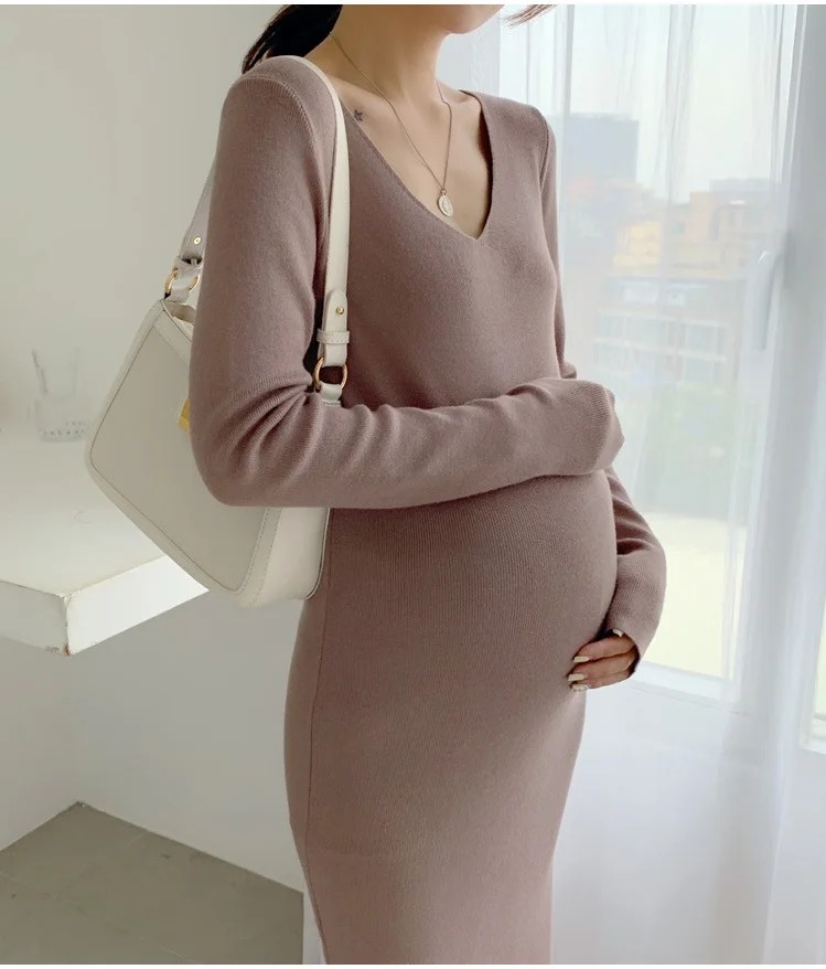 Jeseni in pozimi novo porodniškega plesti obleko mid-dolžina nosečnice V-vratu jopica znotraj in zunaj obrabe mid-dolžina obleko