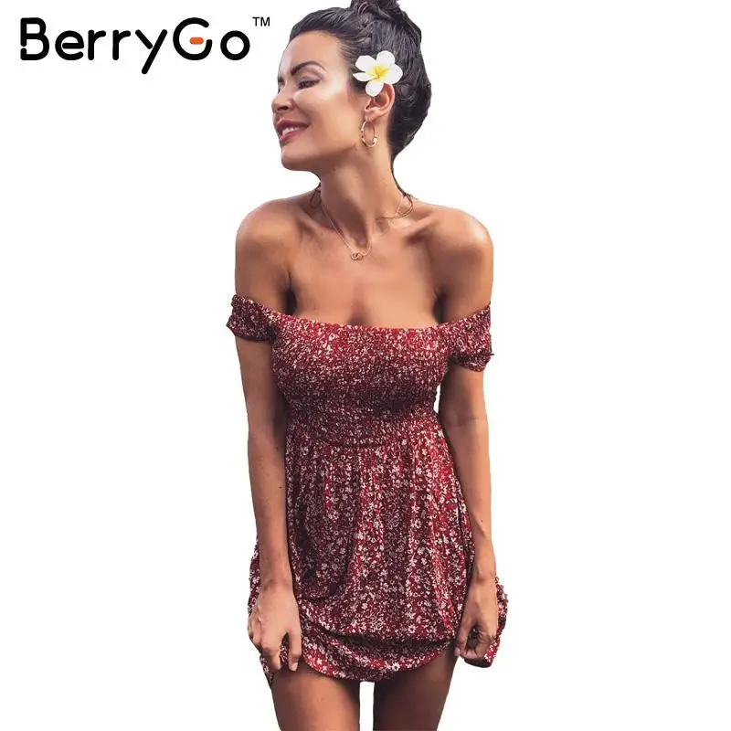 BerryGo Seksi off ramenski tiskanja poletje obleko Letnik visoko pasu plaža obleko 2018 Elegantno prilegajo in flare dekleta kratke obleke, ženske