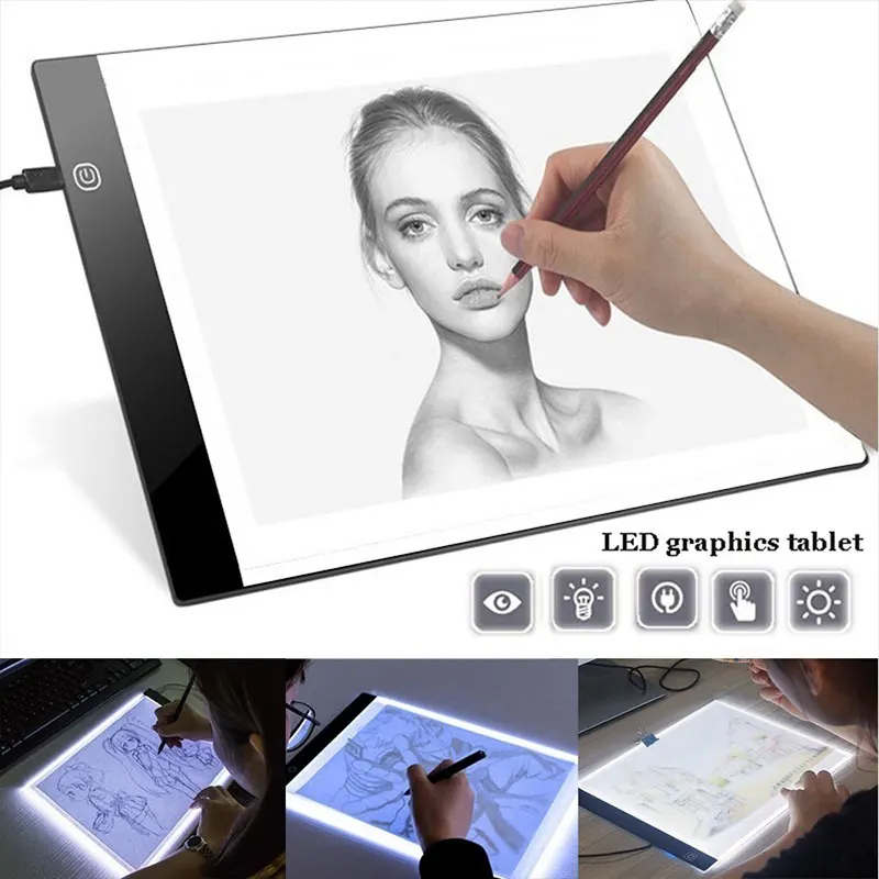 A5, Ultra-tanek LED Digitalni Tablet Grafični Sledenje Kopijo Odbor Slikarstvo Pisni obliki 3-Raven možnost zatemnitve z Micro USB Kabel Visoke Kakovosti