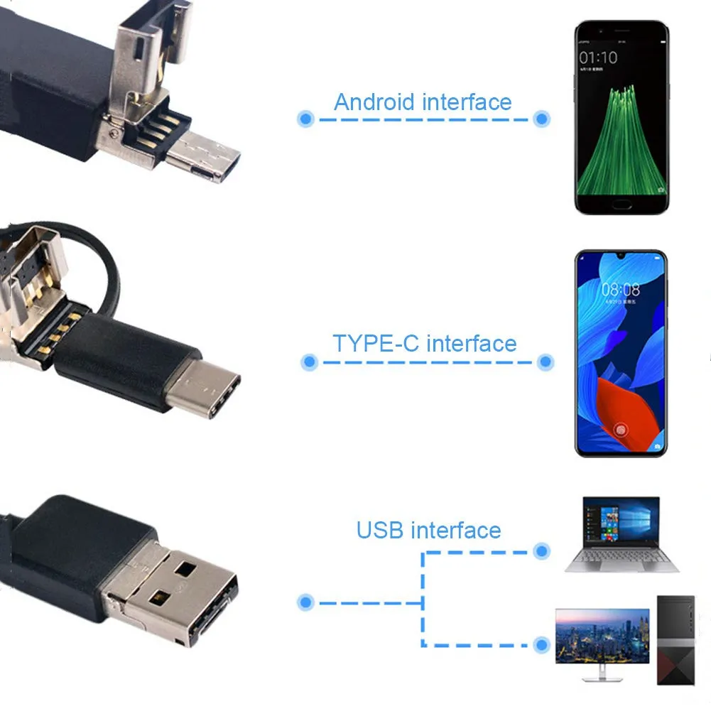 1m/2m/3m/5m 3IN1 USB Dvojno Endoskop Kamera HD Trdi Kabel-Pregledovalna Kamera 8 mm 6 LED Borescope za Android PC Endoskop