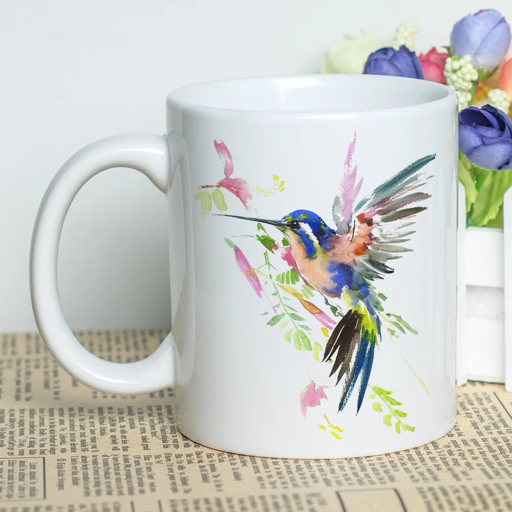 MAYREY Lepa Ptica Tiskanje Pokal Keramični Vrč Kave s Fotografijo Edinstveno Darilo Akvarel hummingbird Umetniško Fotografijo Vrč 11 oz