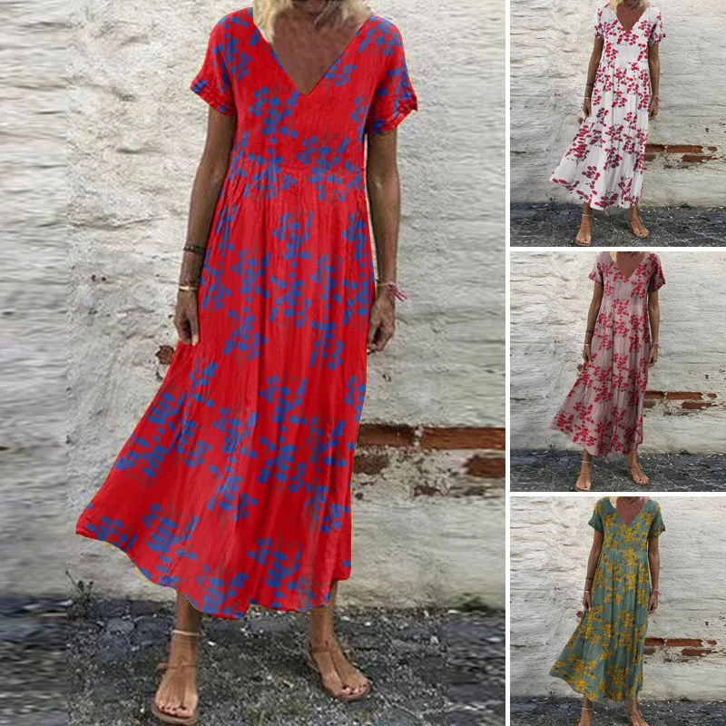 Ženske Natisnjeni Sundress ZANZEA 2021 Moda Cvetlični Poletje Obleko Priložnostne Kratek Rokav Maxi Vestidos Ženska V Vratu Haljo Preobsežne