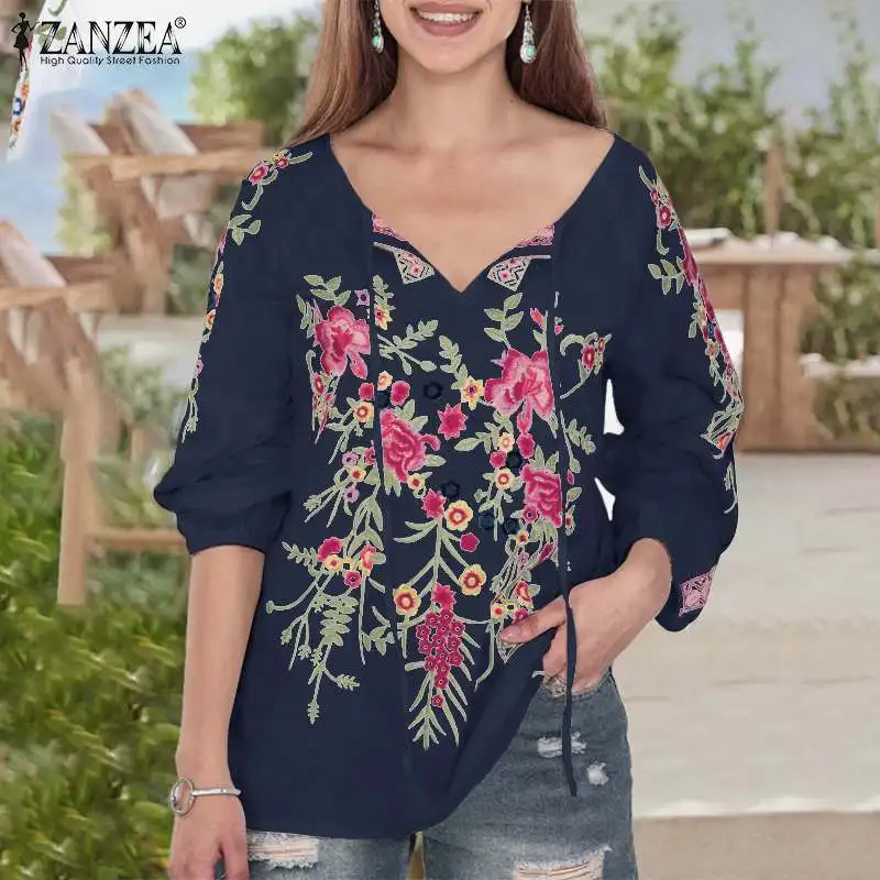ZANZEA 2021 Žensk V Vratu Vrvico Bluzo Priložnostne Cvetlični Tiskane Majice z Dolgimi Rokavi Elegantno Vrhovi Ženski Blusas Ženska Tunika 5XL