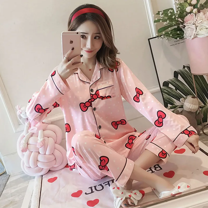 Korejski Pjs Ženske Pajama Nastavite Pink Panther Tiskanja Pyjama Črtasto Majico Z Dolgimi Rokavi Velikosti Obleko Domov Oblačila Pijama Mujer