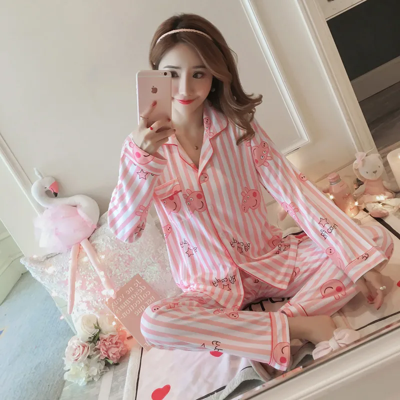 Korejski Pjs Ženske Pajama Nastavite Pink Panther Tiskanja Pyjama Črtasto Majico Z Dolgimi Rokavi Velikosti Obleko Domov Oblačila Pijama Mujer