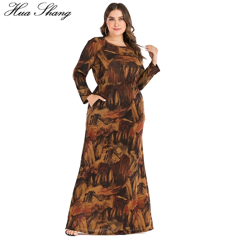 6XL Plus Velikost Abayas Muslimansko Obleko Ženske Jeseni, Pozimi Long Sleeve Vintage Retro Tiskanja Maxi Dolge Obleke, Dubaj Islamska Oblačila