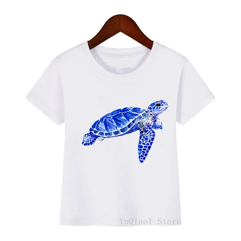Lepe modre morske želve živali natisnjeni t-shirt otrok poletnih vrh oblačila za fante, dekleta, risanka tshirt bele majice oblačila