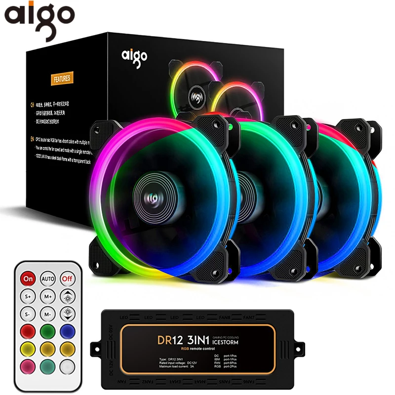 Aigo DR12 Računalnik PC Primeru Fan 12V Led Nastavljiva Hlajenje RGB Ventilator z IR Daljinski upravljalnik 120mm Silent CPU Hladilnik PC Gamer Fan