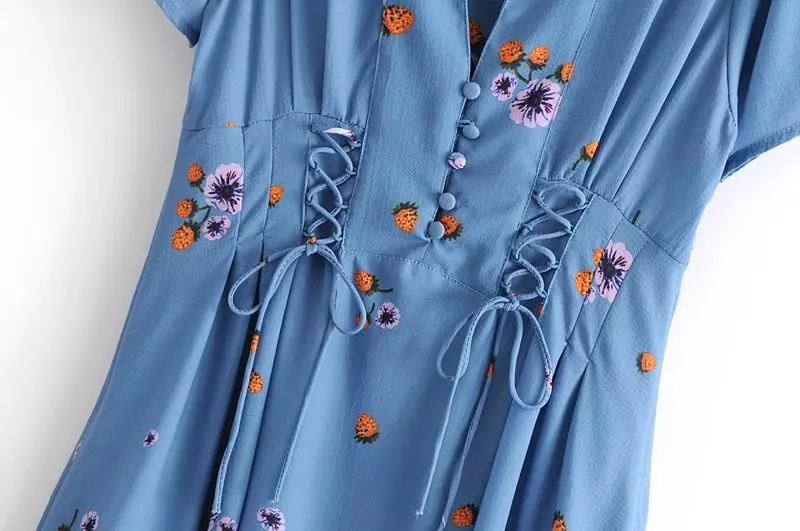 Lanbaiyijia Modne blagovne znamke Ženske obleke Kratek Rokav Svoboden V-vratu tiskanja obleko Čipke-Up Gumb Dekoracijo Visoko pasu A-Linija obleke