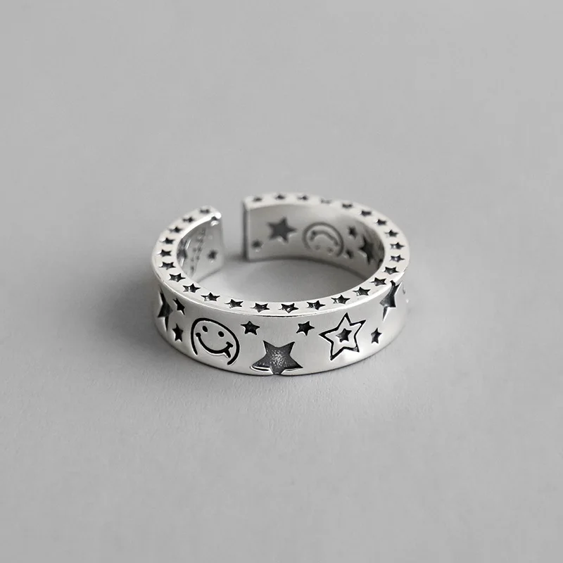 Korejski vesion s925 Sterling srebro retro nasmeh obraz star odprt obroč osebnost srebrni prstan za ženske, darila nakit