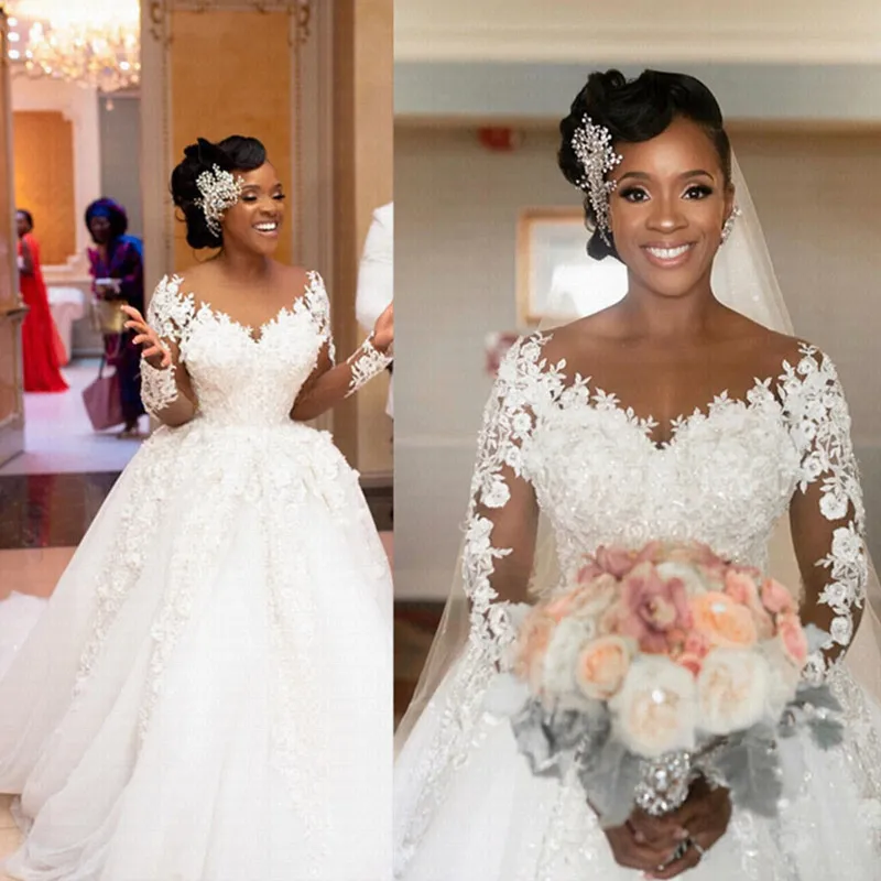 Nov Prihod Odklon Vratu arabski Poročno Obleko 2021 Eleganten 3D Cvetje Afriške Dolge Rokave Poroka Oblek Z Zamahom Vlak